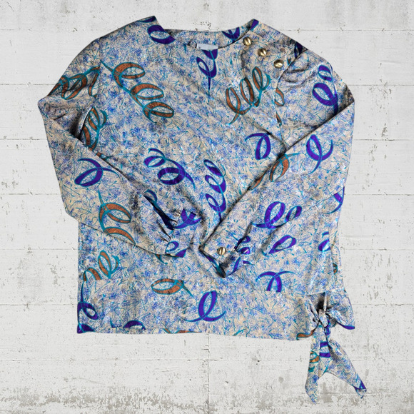 70s Vintage Cream Blue Metallic Abstract USA Made Blouse Midi Skirt Set Size 14 - Picture 2 of 13